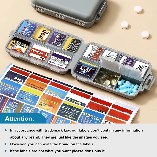 Alt view image 2 of 6 - 14 Grids Travel Pill Organizer Box with 415-Pcs Medicine Name Labels - Pocket Daily Pharmacy Case Container - Travel Medication Holder Dispenser Kit for Fish Oil Vitamin Supplement Storage - Grey