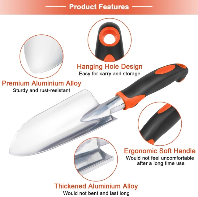 Alt view image 3 of 6 - Garden Tools Set, 3 Pack Heavy Duty Gardening Tools Set Include Garden Shovel, Transplant Trowel and Hand Rake with Ergonomic Handle, Aluminum Alloy Lawn for Planting, Orange