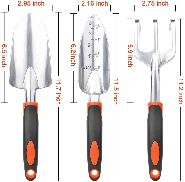 Alt view image 4 of 6 - Garden Tools Set, 3 Pack Heavy Duty Gardening Tools Set Include Garden Shovel, Transplant Trowel and Hand Rake with Ergonomic Handle, Aluminum Alloy Lawn for Planting, Orange