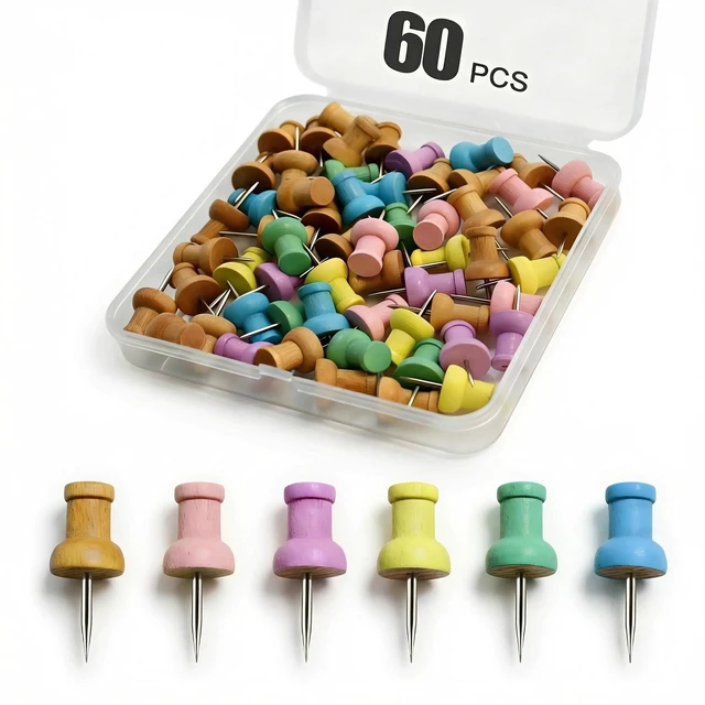 Main image of Colorful Wood Push Pins, Decorative Wooden Thumb Tacks for Cork Board and Bulletin Board, Map Pins for Wall, 60 Pieces
