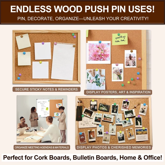 Alt view image 3 of 7 - Colorful Wood Push Pins, Decorative Wooden Thumb Tacks for Cork Board and Bulletin Board, Map Pins for Wall, 60 Pieces