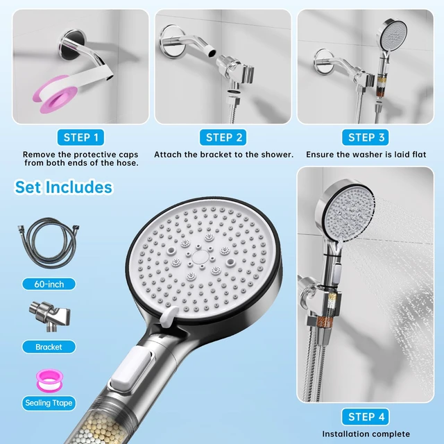 Alt view image 3 of 7 - Filtered Shower Head with Handheld, 6-Spray High Pressure Shower Head to to Reduce Dry Itchy Skin, Handheld Shower Head Set Includes 60" Hose & Adjustable Bracket