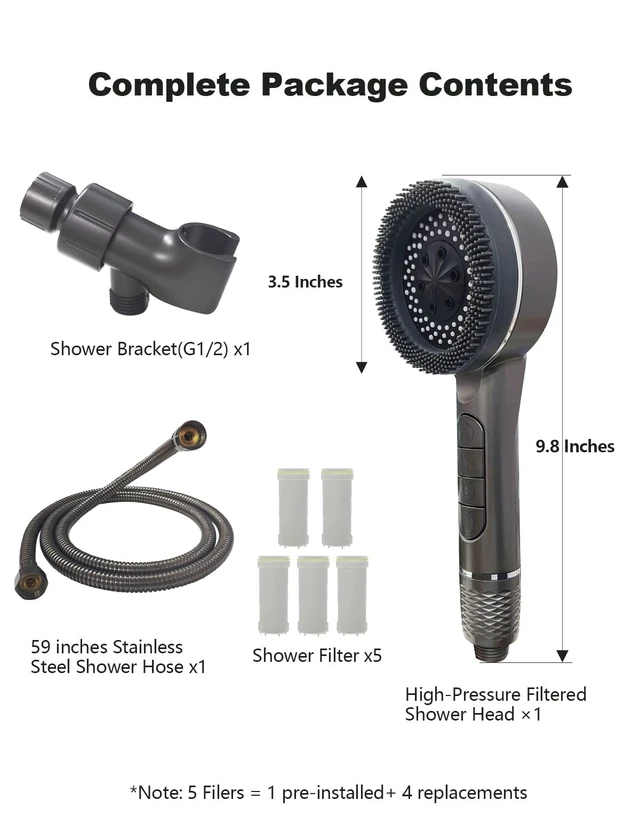Alt view image 4 of 7 - High Pressure Shower Head, One-Hand Control 4-Mode Handheld Showerhead with Filter for Hard Water, Built-in Power Wash for Pet/Bath Clean, with Hose & Bracket (Gray)