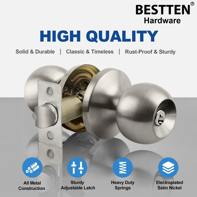 Alt view image 4 of 6 - BESTTEN Keyed Entry Door Knob with Lock, Heavy Duty Interior and Exterior Door Lock, Standard Ball, Satin Nickel