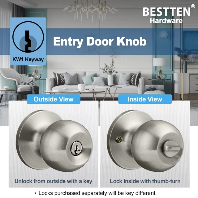 Alt view image 2 of 6 - BESTTEN Keyed Entry Door Knob with Lock, Heavy Duty Interior and Exterior Door Lock, Standard Ball, Satin Nickel