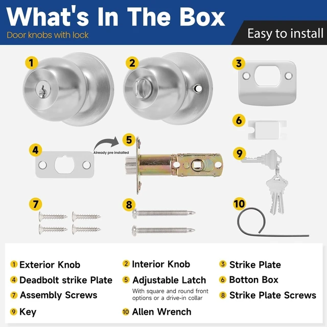 Alt view image 2 of 6 - Keyed Entry Door Knob with Lock, Door Lock with Key, Satin Nickel