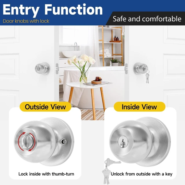 Alt view image 6 of 6 - Keyed Entry Door Knob with Lock, Door Lock with Key, Satin Nickel