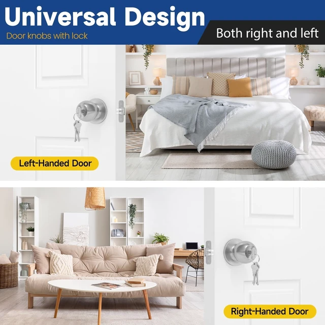 Alt view image 3 of 6 - Keyed Entry Door Knob with Lock, Door Lock with Key, Satin Nickel