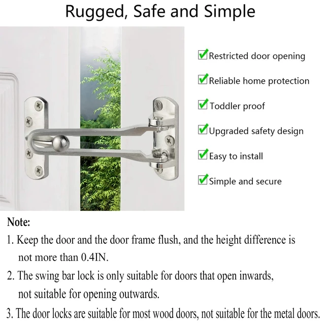 Alt view image 3 of 6 - Topbuti Home Security Door Lock, 2 Pack Latch Guard Clasp Front Door Locks for Kids, Home Reinforcement Lock for Swing-in Doors, Hotel Door Latches, Thicken Solid Aluminium Alloy, Satin Nickel