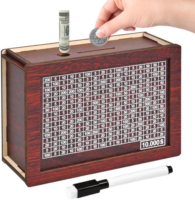 Main image of 10000 Savings Challenge Box, Wooden Money Saving Piggy Bank for Adults Kids, Reusable, Targets 10k