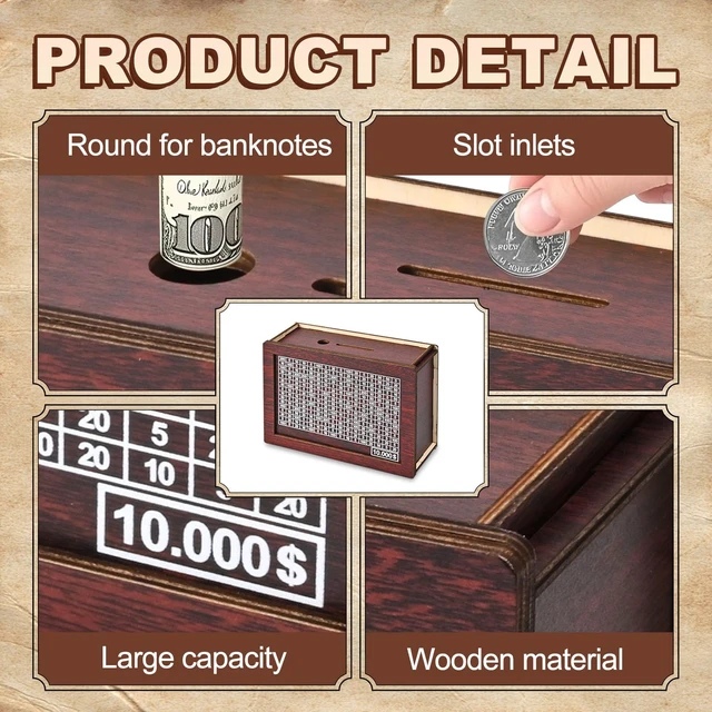 Alt view image 2 of 7 - 10000 Savings Challenge Box, Wooden Money Saving Piggy Bank for Adults Kids, Reusable, Targets 10k