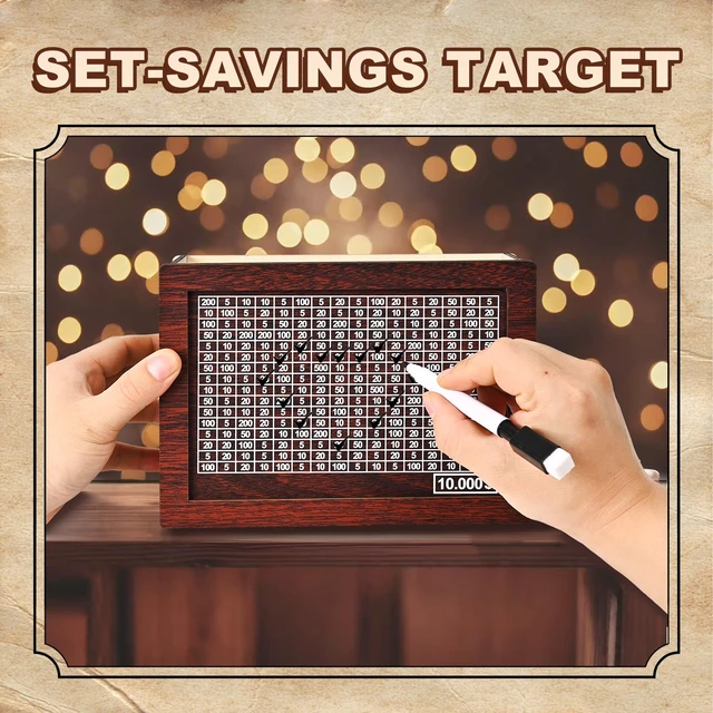 Alt view image 3 of 7 - 10000 Savings Challenge Box, Wooden Money Saving Piggy Bank for Adults Kids, Reusable, Targets 10k