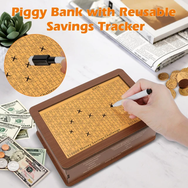 Alt view image 2 of 6 - Wooden Money Saving Box, Piggy Bank for Kids & Adults - Reusable $10,000 Savings Challenge Box with Progress Tracker & Cash Vault, Educational Savings Gift for Boys Girls Ages 3-12 (12 Amounts)