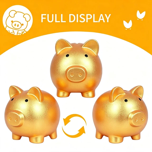 Alt view image 6 of 7 - H&W Mini Piggy Bank, Plastic Coin Bank, Unbreakable Money Banks, Cute Piggy Banks, Best Birthday Gifts Home Decoration(Golden)