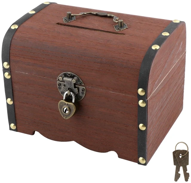 Main image of Piggy Bank, Vintage Wooden Treasure Chest Piggy Bank, Rustic Decorative Coin Organizer Treasure Chest with Lock Storage Box for Home Office, Wedding, Christmas & Birthday Gifts