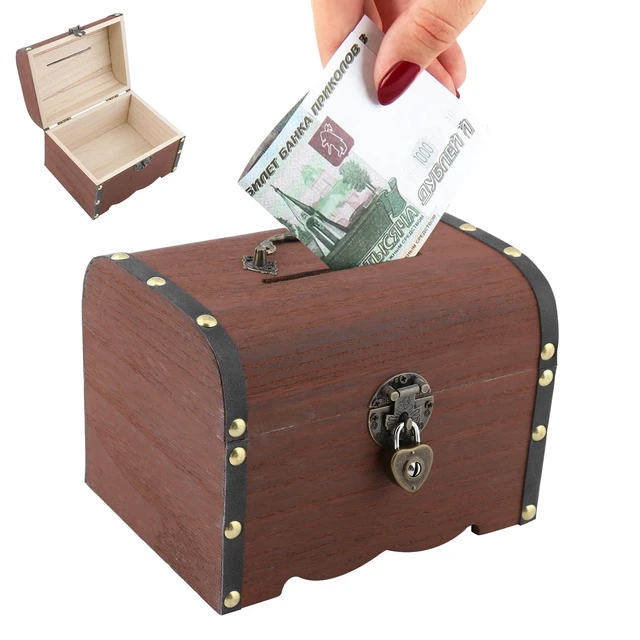 Alt view image 3 of 7 - Piggy Bank, Vintage Wooden Treasure Chest Piggy Bank, Rustic Decorative Coin Organizer Treasure Chest with Lock Storage Box for Home Office, Wedding, Christmas & Birthday Gifts