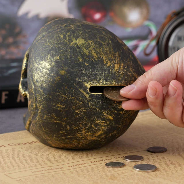 Alt view image 6 of 7 - H&W Skull Money Bank for Halloween, Skeleton Coin Bank (Golden)