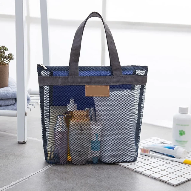 Alt view image 3 of 5 - Mesh Shower Caddy Bag, Quick Dry Portable Tote Bag with Zipper and Inner Pocket, Lightweight Bath Organizer for College Dorm Bathroom, Swimming, Gym, Beach, Travel (Navy)