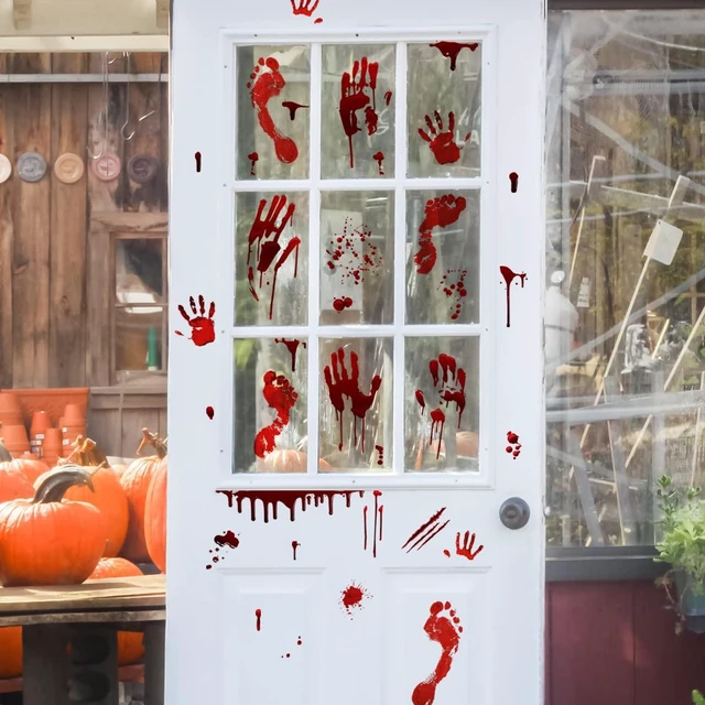 Alt view image 6 of 7 - Halloween Bloody Handprint Footprint Window Stickers Wall Stickers for Halloween Party Decorations Inside Outside Decor Come with Plastic Scraper Tools