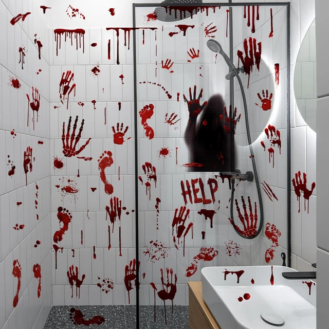 Alt view image 2 of 7 - Halloween Bloody Handprint Footprint Window Stickers Wall Stickers for Halloween Party Decorations Inside Outside Decor Come with Plastic Scraper Tools