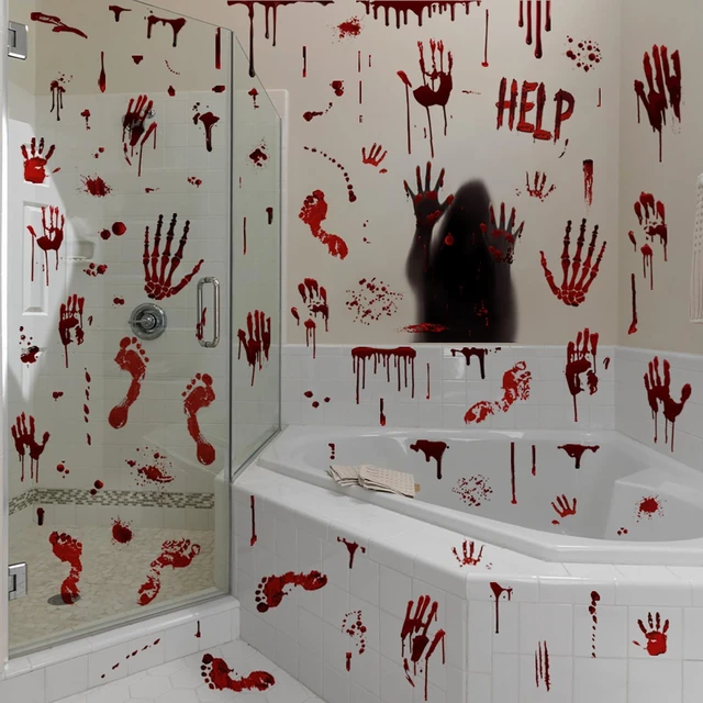 Alt view image 7 of 7 - Halloween Bloody Handprint Footprint Window Stickers Wall Stickers for Halloween Party Decorations Inside Outside Decor Come with Plastic Scraper Tools