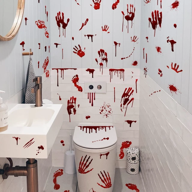 Alt view image 3 of 7 - Halloween Bloody Handprint Footprint Window Stickers Wall Stickers for Halloween Party Decorations Inside Outside Decor Come with Plastic Scraper Tools