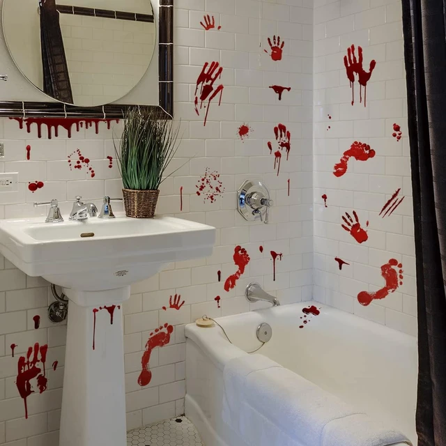 Alt view image 4 of 7 - Halloween Bloody Handprint Footprint Window Stickers Wall Stickers for Halloween Party Decorations Inside Outside Decor Come with Plastic Scraper Tools
