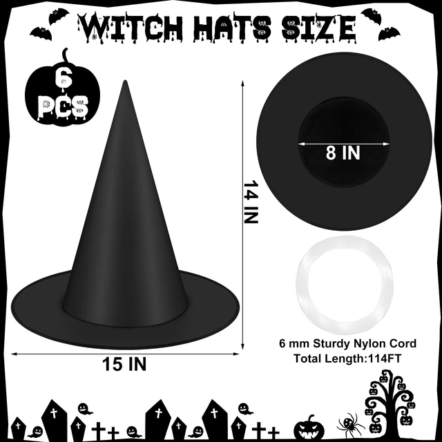 Alt view image 6 of 6 - 6Pcs Halloween Witch Hats Decorations, Black Hanging Witch Hats for Halloween Porch Decor, Floating Hat with 115 FT Nylon Cord, Thickened Wizard Hat Bulk for Scary Party Supplies Indoor Outdoor