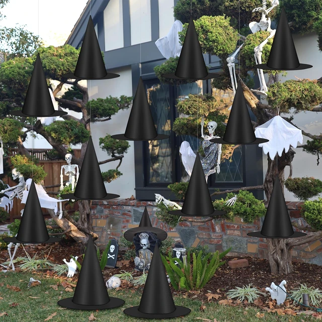 Alt view image 4 of 6 - 6Pcs Halloween Witch Hats Decorations, Black Hanging Witch Hats for Halloween Porch Decor, Floating Hat with 115 FT Nylon Cord, Thickened Wizard Hat Bulk for Scary Party Supplies Indoor Outdoor