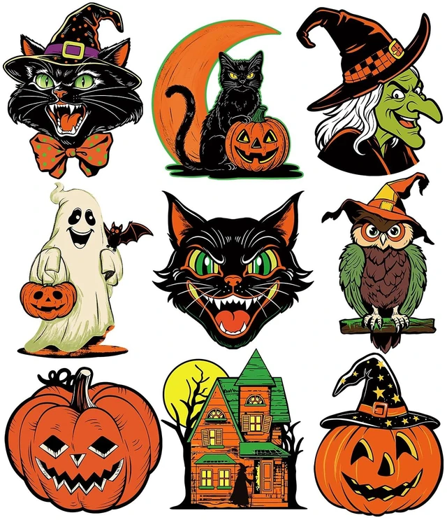 Main image of Large Vintage Halloween Decorations Double-Sided Halloween Cutouts Retro Halloween Spooky Ghost Pumpkin Witch Cat Cutouts for Trick or Treat Holiday Party Window Wall Decor(9PCS)