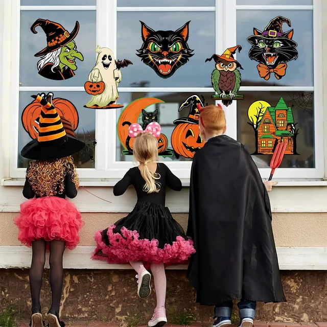 Alt view image 6 of 7 - Large Vintage Halloween Decorations Double-Sided Halloween Cutouts Retro Halloween Spooky Ghost Pumpkin Witch Cat Cutouts for Trick or Treat Holiday Party Window Wall Decor(9PCS)