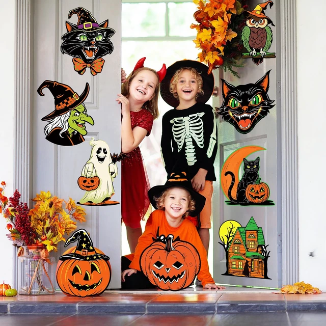Alt view image 5 of 7 - Large Vintage Halloween Decorations Double-Sided Halloween Cutouts Retro Halloween Spooky Ghost Pumpkin Witch Cat Cutouts for Trick or Treat Holiday Party Window Wall Decor(9PCS)