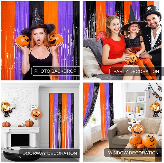 Alt view image 2 of 6 - LOLStar Halloween Orange Purple Black Foil Fringe Curtains 3 Pack