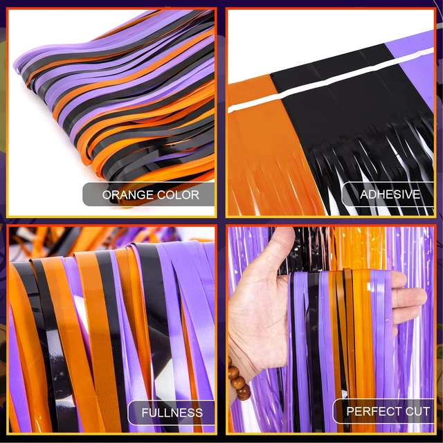Alt view image 4 of 6 - LOLStar Halloween Orange Purple Black Foil Fringe Curtains 3 Pack