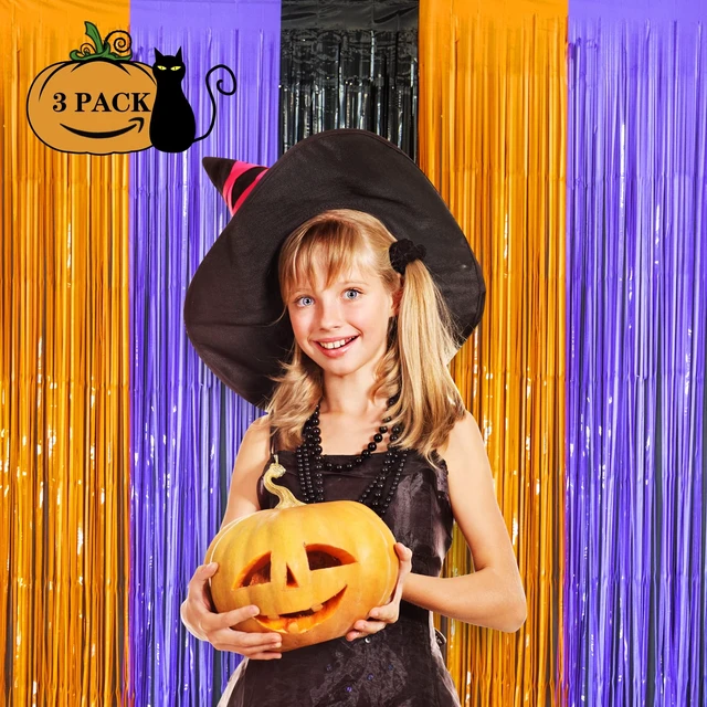 Alt view image 3 of 6 - LOLStar Halloween Orange Purple Black Foil Fringe Curtains 3 Pack
