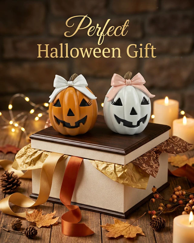 Alt view image 7 of 7 - GoGnome Halloween Decor Spooky Cute Fall Pumpkin with Bow Tabletop for Shelf Mantel Tiered Tray Home Office Party Decorations (Orange & White)
