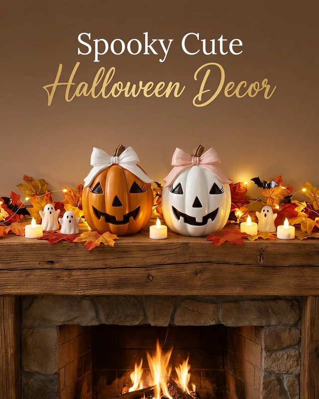 Alt view image 3 of 7 - GoGnome Halloween Decor Spooky Cute Fall Pumpkin with Bow Tabletop for Shelf Mantel Tiered Tray Home Office Party Decorations (Orange & White)