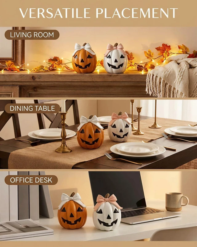 Alt view image 5 of 7 - GoGnome Halloween Decor Spooky Cute Fall Pumpkin with Bow Tabletop for Shelf Mantel Tiered Tray Home Office Party Decorations (Orange & White)