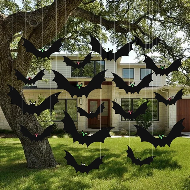 Main image of 15 Pcs Hanging Bats Halloween Decoration Outdoor Large Scary Fake Black Hanging Flying Bat Spooky Decor for Halloween Yard Sign Outside Indoor Party Supplies Wall Decals (3 Sizes)