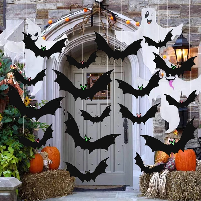 Alt view image 2 of 7 - 15 Pcs Hanging Bats Halloween Decoration Outdoor Large Scary Fake Black Hanging Flying Bat Spooky Decor for Halloween Yard Sign Outside Indoor Party Supplies Wall Decals (3 Sizes)