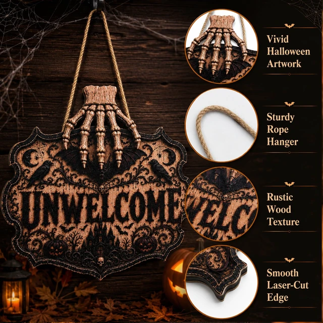 Alt view image 4 of 7 - Halloween Decorations - 2D Printed Flat Gothic Unwelcome Wooden Sign