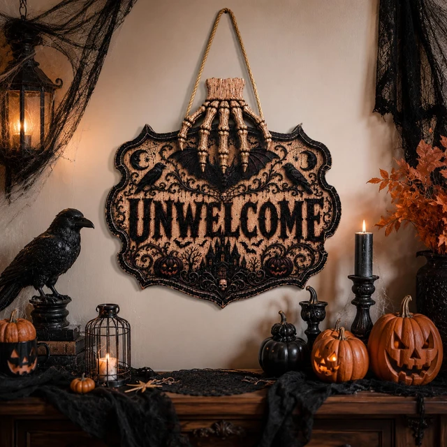 Alt view image 7 of 7 - Halloween Decorations - 2D Printed Flat Gothic Unwelcome Wooden Sign