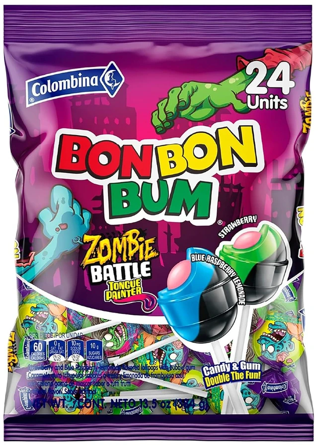 Main image of Colombina Bon Bon Bum Halloween Lollipops, Hard Candy, Bubble Gum, 24 Count