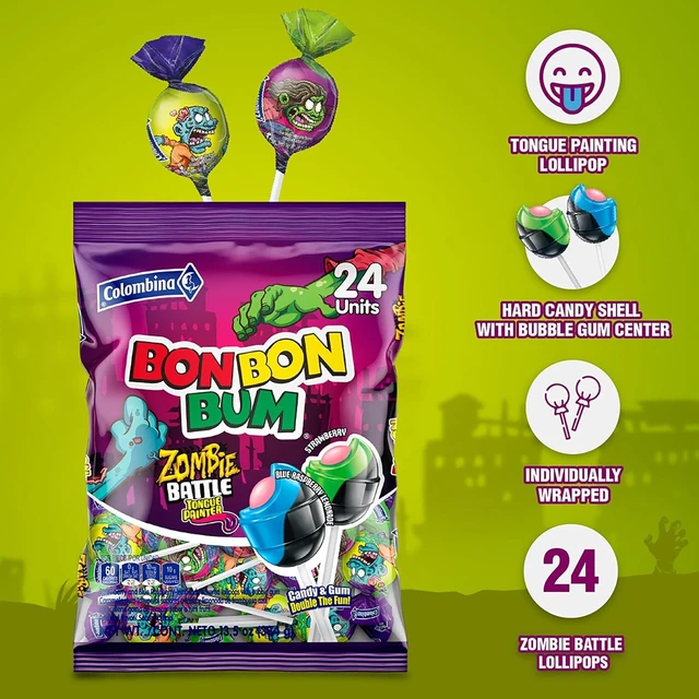 Alt view image 2 of 6 - Colombina Bon Bon Bum Halloween Lollipops, Hard Candy, Bubble Gum, 24 Count