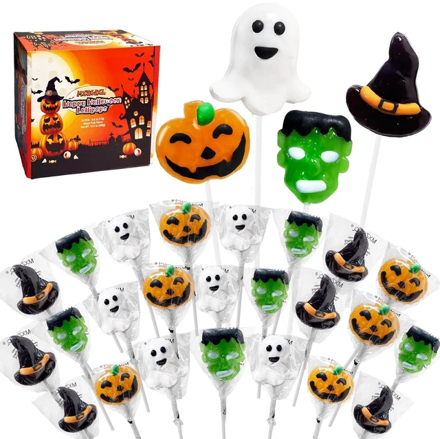 Main image of Big Halloween Lollipop Suckers Candy 24 Pack, Spooky Candy Lollipops, Pumpkin, Green Monster and Witch Hat Candy Sucker Lollipops Individually Wrapped for Halloween Goody Bag Fillers - Trick or Treat