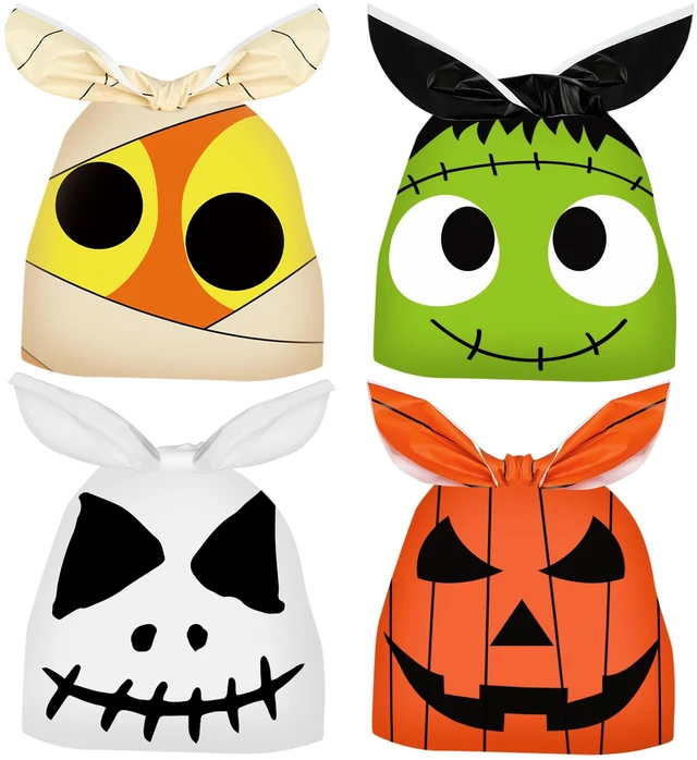 Main image of 100 Pcs Halloween Treat Bags Rabbit Ear Candy Bags Trick or Treat Small Plastic Goodie Bag Halloween Party Favor Bags for Kids Party Favor Supplies, 4 Designs