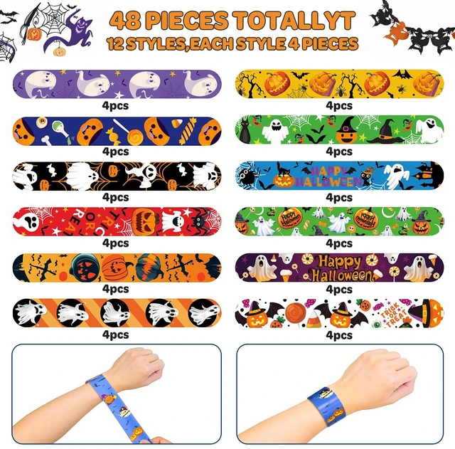 Alt view image 5 of 6 - 48 Pcs Halloween Slap Bracelets, 12 Styles for Halloween Party Favors, Assorted Bulk Pumpkin Zombie Witches Snap Bracelet Wristbands for Kids Halloween Party Gift Bag Filler Supply