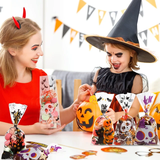 Alt view image 2 of 6 - DIYASY 180 Pack Halloween Cellophane Treat Bags, Plastic Goodie Candy Bag for Kids Clear Goody Snack Bags Bulk Party Favors with 210 Twist Ties