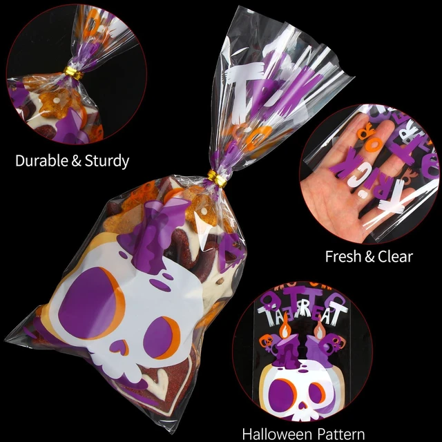 Alt view image 4 of 6 - DIYASY 180 Pack Halloween Cellophane Treat Bags, Plastic Goodie Candy Bag for Kids Clear Goody Snack Bags Bulk Party Favors with 210 Twist Ties