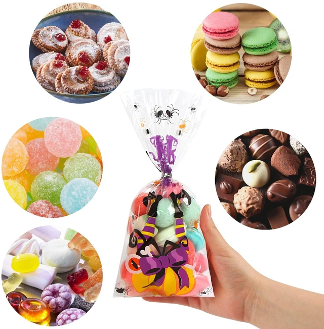 Alt view image 5 of 6 - DIYASY 180 Pack Halloween Cellophane Treat Bags, Plastic Goodie Candy Bag for Kids Clear Goody Snack Bags Bulk Party Favors with 210 Twist Ties